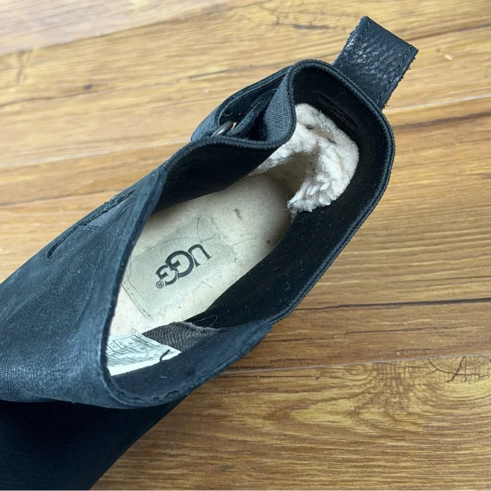 UGG “Indra” Black Leather Wedge Ankle Boots Booties Women’s Size 10 Shoes‎